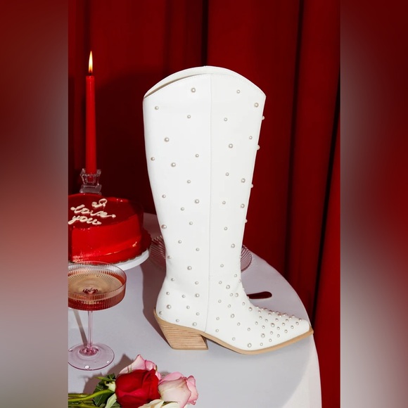 Lulu’s Billini White Pearl Cowboy Bachelorette Boots - Picture 1 of 8
